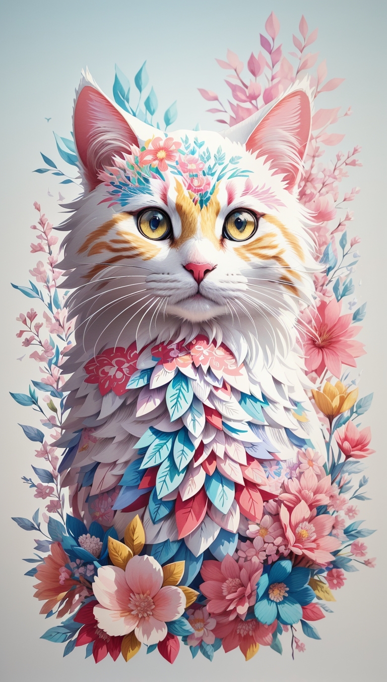 A detailed illustration of a print of a colorful cat, fantasy flowers splash, vintage&hellip;