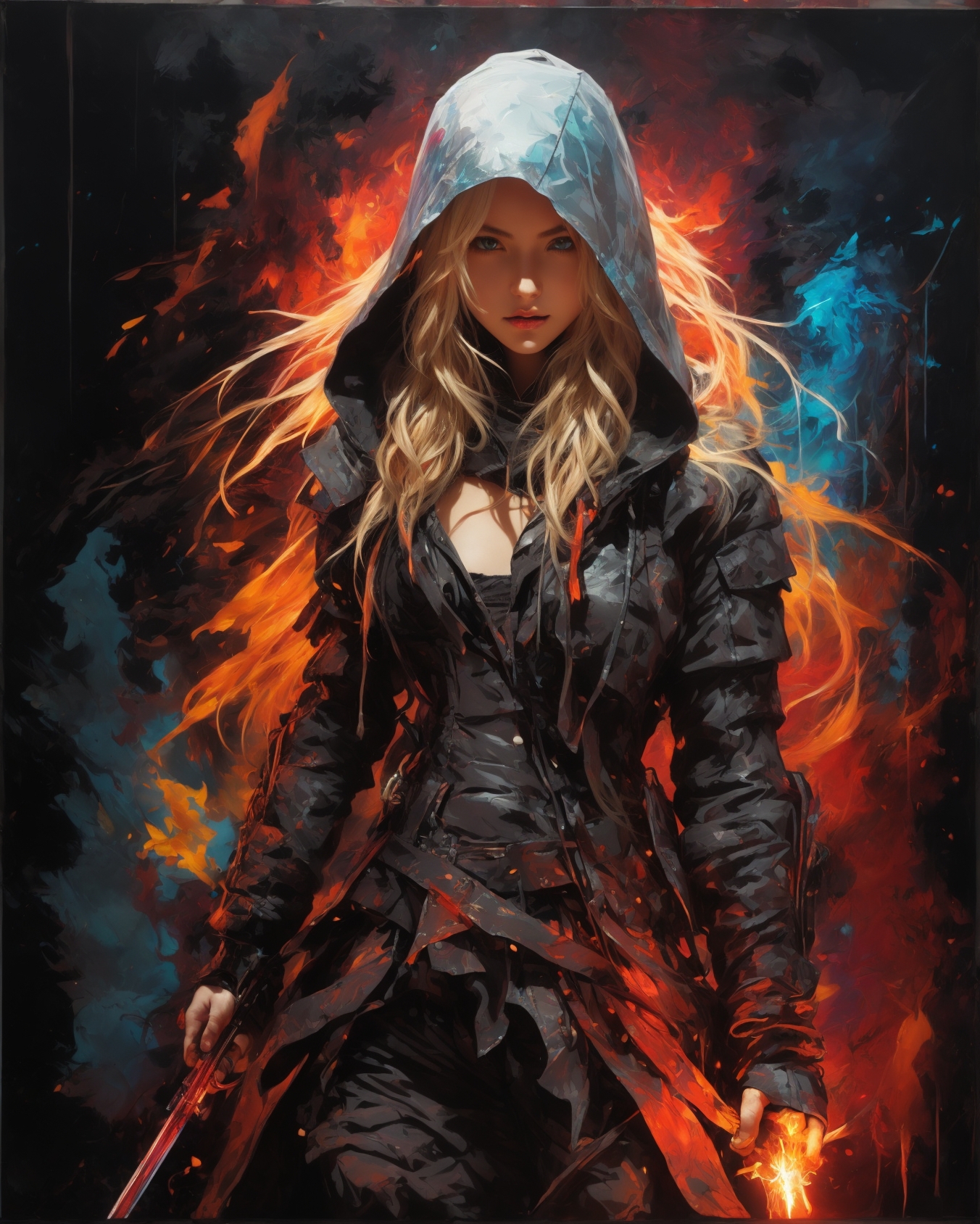masterpiece, Rogue assassin girl, wearing a hood, blonde hair, shrouded in shadows, holding a&hellip;