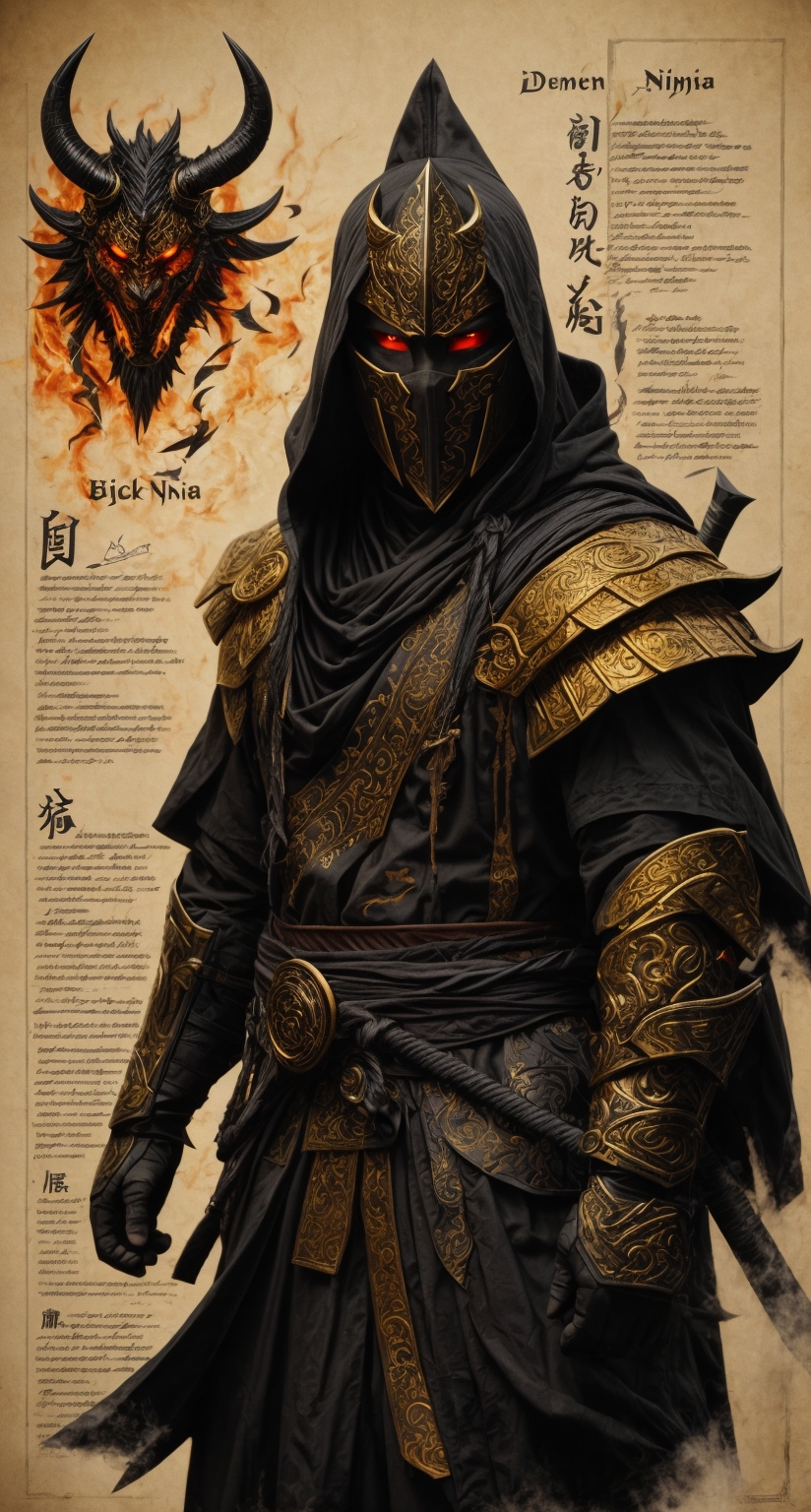 demon ninja, black fire magic, magic runes, ancient magi, golden cape, Sketch book, hand&hellip;