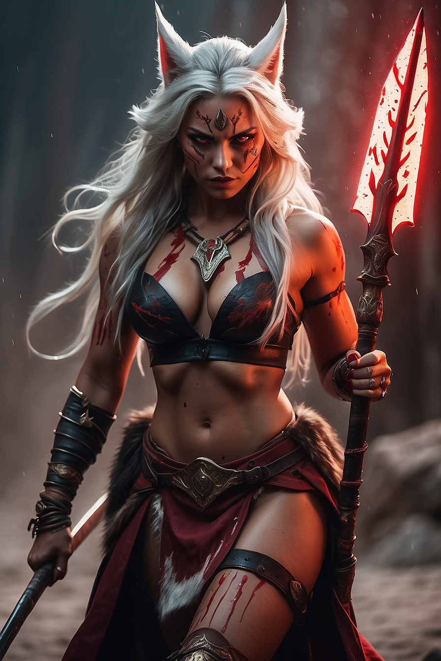 Shockingly Beautiful exotic tanned female kitsune barbarian walking toward the camera, slim fit slender&hellip;