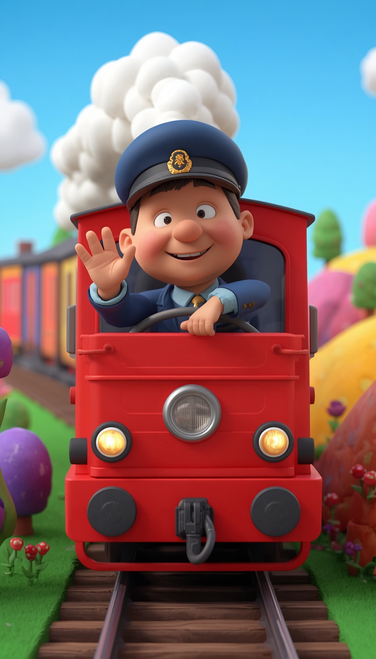 A cheerful claymation-style train conductor character leaning out of the cab window of a&hellip;
