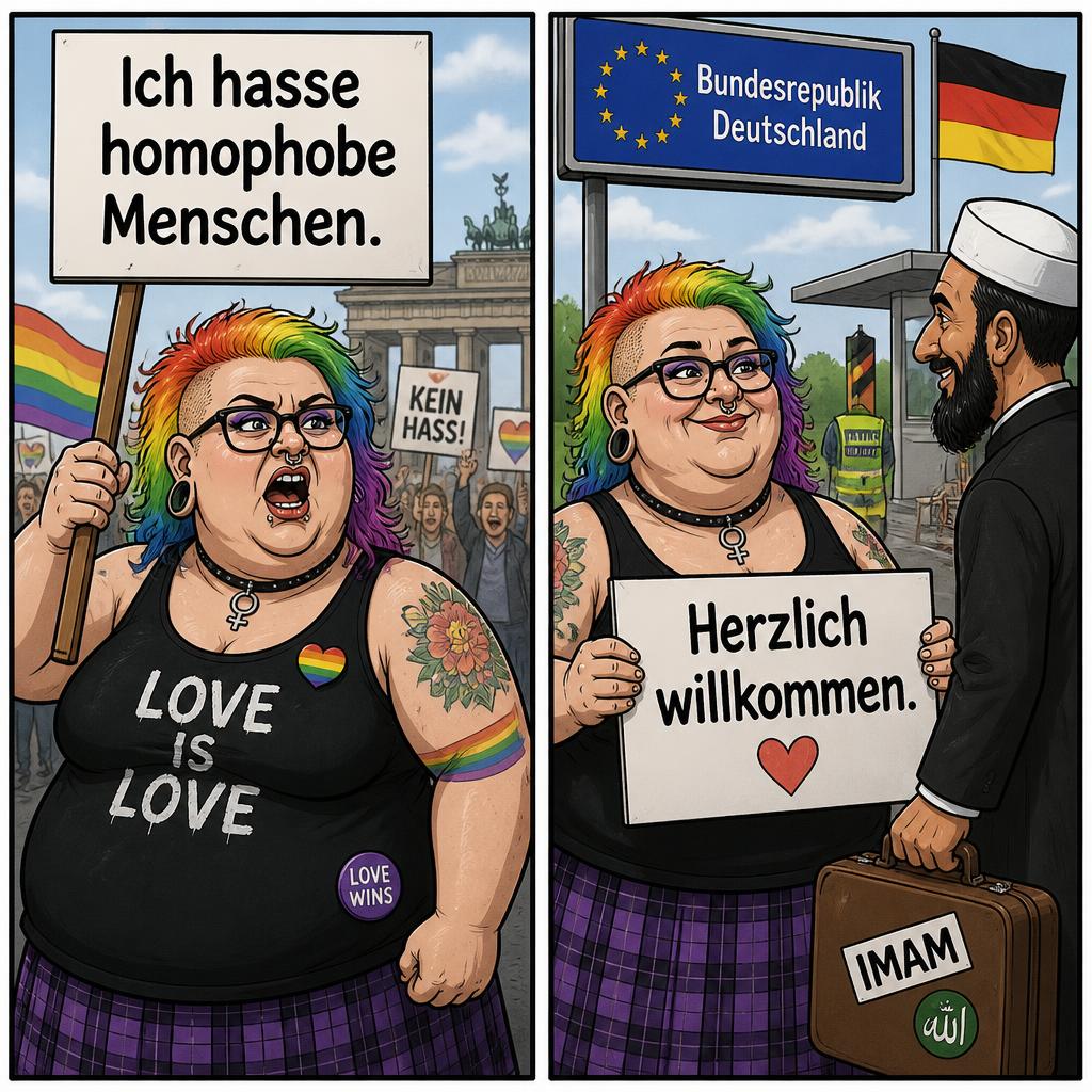 A two-panel political satire cartoon