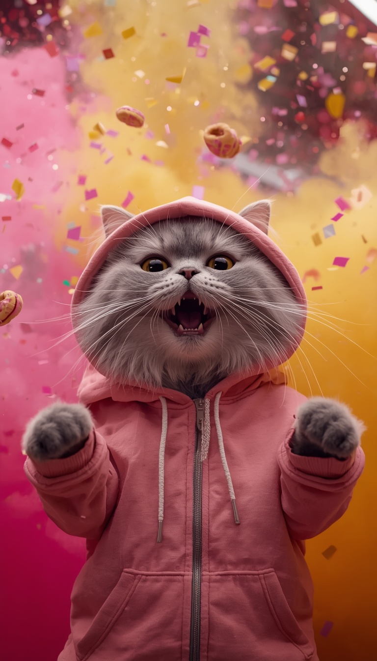 A humorous cinematic vertical shot of the same fluffy grey cat wearing a pink&hellip;